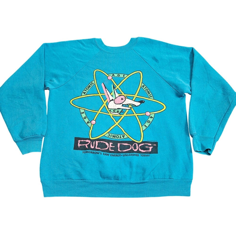 Vintage Rude Dog Sweatshirt Womens S Teal Atomic Boxy Cropped 90s Streetwear